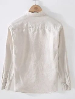 Men's Classic Beach T Shirt Casual Shirt Standard Fit Long Sleeve Lapel Solid Color Cotton Linen White Beige Grey 2025