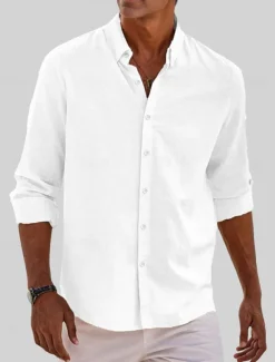 Men's Classic Beach T Shirt Casual Shirt Standard Fit Long Sleeve Lapel Solid Color Cotton Linen White Beige Grey 2025