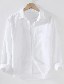 Men's Classic Beach T Shirt Casual Shirt Standard Fit Long Sleeve Lapel Solid Color Cotton Linen White Beige Grey 2025