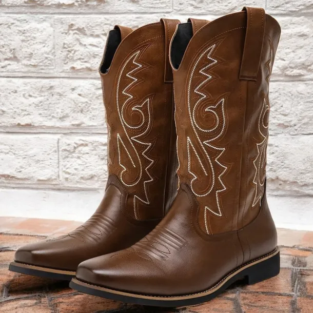 Men's Classic Brown Western Cowboy Boots – Durable Leather with Detailed Embroidery for Outdoor and Casual Wear