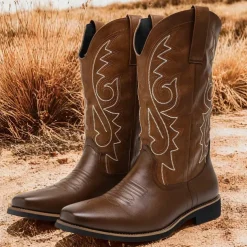Men's Classic Brown Western Cowboy Boots – Durable Leather with Detailed Embroidery for Outdoor and Casual Wear