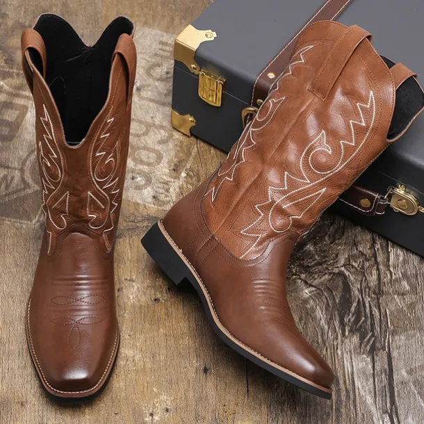 Men's Classic Brown Western Cowboy Boots – Durable Leather with Detailed Embroidery for Outdoor and Casual Wear