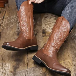 Men's Classic Brown Western Cowboy Boots – Durable Leather with Detailed Embroidery for Outdoor and Casual Wear