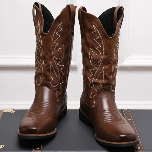 Men's Classic Brown Western Cowboy Boots – Durable Leather with Detailed Embroidery for Outdoor and Casual Wear