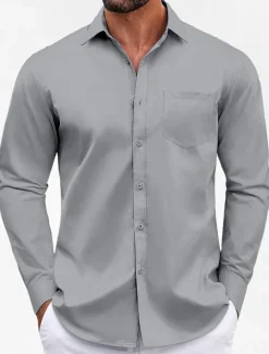 Men's Classic Casual Shirt Homecoming Standard Fit Long Sleeve Lapel Solid Color Polyester Black Sky Blue Grey 2025