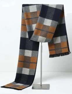 Men's Classic Plaid Winter Scarf – Soft Faux Wool Polyester Checkered Pattern for Warmth and Style, Perfect for Casual or Business Wear