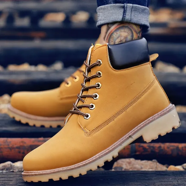 Men's Classic Yellow Work Boots – Durable Lace-Up Ankle Boots with Cushioned Collar and Rugged Sole