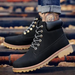 Men's Classic Yellow Work Boots – Durable Lace-Up Ankle Boots with Cushioned Collar and Rugged Sole