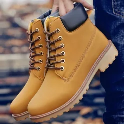 Men's Classic Yellow Work Boots – Durable Lace-Up Ankle Boots with Cushioned Collar and Rugged Sole