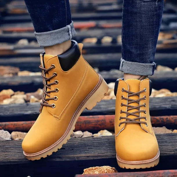 Men's Classic Yellow Work Boots – Durable Lace-Up Ankle Boots with Cushioned Collar and Rugged Sole