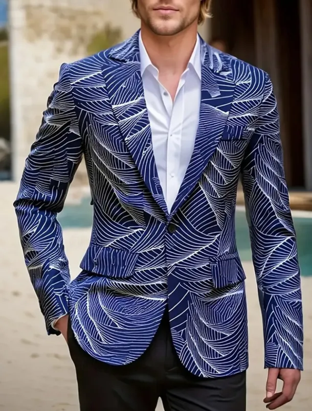 Men's Coat Blazer Business Casual Daily British All Seasons 100% Polyester Graphic 3D Print Buttons Comfortable Single Breasted Blazer Black White Blue