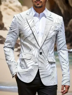 Men's Coat Blazer Business Casual Daily British All Seasons 100% Polyester Graphic 3D Print Buttons Comfortable Single Breasted Blazer Black White Blue