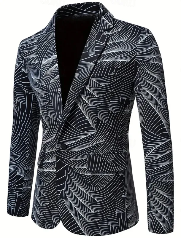 Men's Coat Blazer Business Casual Daily British All Seasons 100% Polyester Graphic 3D Print Buttons Comfortable Single Breasted Blazer Black White Blue