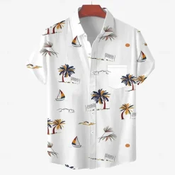 Men's Coconut Palm Tropical Plants Shirt Summer Hawaiian Shirt Button Up Shirt Short Sleeve Hawaiian Vacation Holiday Beach Wear Summer Spring Turndown 3D Print Collared Shirts Front One Pocket White
