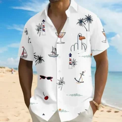 Men's Coconut Tree Funny Duck Shirt Summer Hawaiian Shirt Button Up Shirt Short Sleeve Hawaiian Vacation Holiday Beach Wear Summer Turndown 3D Print Front One Pocket Linen Like Shirt White