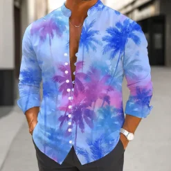 Men's Coconut Tree Gradient Color Tropical Plants Shirt Aloha Shirt Stand Collar Shirt Long Sleeve Hawaiian Vacation Daily Wear Going out Spring Fall Mandarin Collar Band Collar Button-Down Linen
