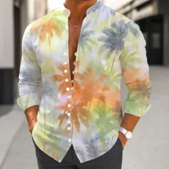 Men's Coconut Tree Gradient Color Tropical Plants Shirt Aloha Shirt Stand Collar Shirt Long Sleeve Hawaiian Vacation Daily Wear Going out Spring Fall Mandarin Collar Band Collar Button-Down Linen