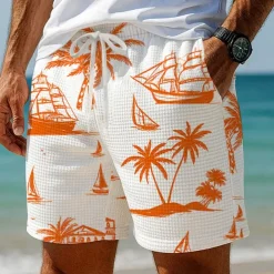 Men's Coconut Tree Sailboat Tropical Plants Waffle Shorts Sweat Shorts Casual Shorts Mid Waist Hawaiian Vacation Jogging Workout Elastic Drawstring Waist Shorts with Pockets Designer Clothing Apparel