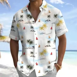 Men's Coconut Tree Sailboat Tropical Plants Shirt Summer Hawaiian Shirt Button Up Shirt Short Sleeve Hawaiian Holiday Beach Wear Summer Spring Turndown 3D Print Collared Shirts Front One Pocket White