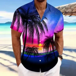 Men's Coconut Tree Starry Sky Summer Hawaiian Shirt Button Up Shirt Aloha Shirt Short Sleeve Hawaiian Resort Vacation Holiday Beach Wear Summer Spring Turndown Collared Shirts Dark Blue