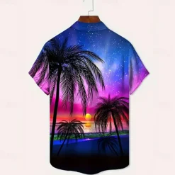 Men's Coconut Tree Starry Sky Summer Hawaiian Shirt Button Up Shirt Aloha Shirt Short Sleeve Hawaiian Resort Vacation Holiday Beach Wear Summer Spring Turndown Collared Shirts Dark Blue