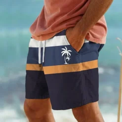 Men's Coconut Tree Stripe Swim Shorts Board Shorts Swimming Trunks Mid Waist Hawaiian Casual Holiday Beach Drawstring with Mesh lining Elastic Waist Designer Clothing Apparel