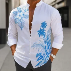 Men's Coconut Tree Tropical Plants Shirt Aloha Shirt Stand Collar Shirt Long Sleeve Hawaiian Vacation Daily Wear Going out Spring Fall Mandarin Collar Band Collar Button-Down Linen Like Shirt Blue