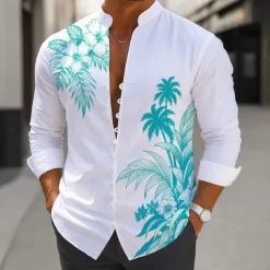 Men's Coconut Tree Tropical Plants Shirt Aloha Shirt Stand Collar Shirt Long Sleeve Hawaiian Vacation Daily Wear Going out Spring Fall Mandarin Collar Band Collar Button-Down Linen Like Shirt Blue