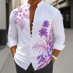 Men's Coconut Tree Tropical Plants Shirt Aloha Shirt Stand Collar Shirt Long Sleeve Hawaiian Vacation Daily Wear Going out Spring Fall Mandarin Collar Band Collar Button-Down Linen Like Shirt Blue