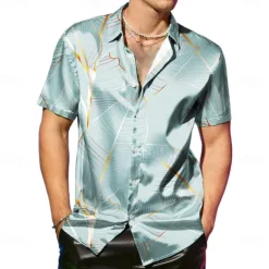 Men's Coconut Tree Tropical Plants Satin Shirt Dress Shirt Button Up Shirt Short Sleeve Fashion Casual Vacation Party Evening Wear Daily Summer Spring Turndown Collared Shirts Button Up 3D Print Pink