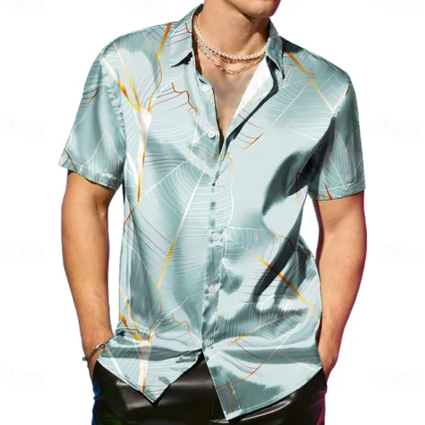 Men's Coconut Tree Tropical Plants Satin Shirt Dress Shirt Button Up Shirt Short Sleeve Fashion Casual Vacation Party Evening Wear Daily Summer Spring Turndown Collared Shirts Button Up 3D Print Pink