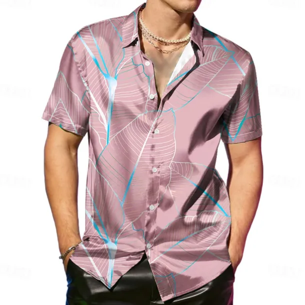 Men's Coconut Tree Tropical Plants Satin Shirt Dress Shirt Button Up Shirt Short Sleeve Fashion Casual Vacation Party Evening Wear Daily Summer Spring Turndown Collared Shirts Button Up 3D Print Pink
