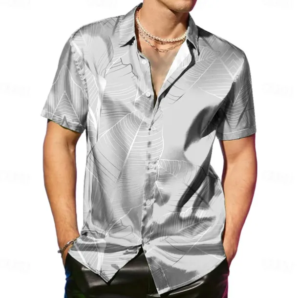 Men's Coconut Tree Tropical Plants Satin Shirt Dress Shirt Button Up Shirt Short Sleeve Fashion Casual Vacation Party Evening Wear Daily Summer Spring Turndown Collared Shirts Button Up 3D Print Pink