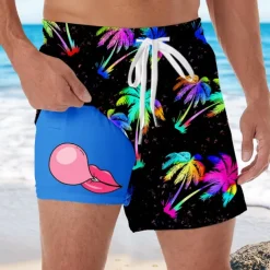 Men's Coconut Tree Tropical Plants Bubble Gum Lined Shorts 2 in 1 Board Shorts Swim Shorts Mid Waist Hawaiian Vacation Side Pockets With Compression Liner Elastic Drawstring Waist Designer Clothing