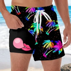 Men's Coconut Tree Tropical Plants Bubble Gum Lined Shorts 2 in 1 Board Shorts Swim Shorts Mid Waist Hawaiian Vacation Side Pockets With Compression Liner Elastic Drawstring Waist Designer Clothing