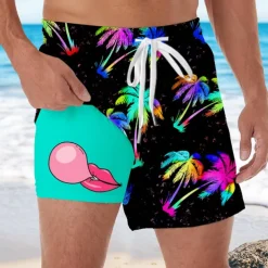 Men's Coconut Tree Tropical Plants Bubble Gum Lined Shorts 2 in 1 Board Shorts Swim Shorts Mid Waist Hawaiian Vacation Side Pockets With Compression Liner Elastic Drawstring Waist Designer Clothing