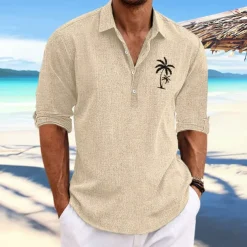 Men's Coconut Tree Tropical Plants Shirt Summer Hawaiian Shirt Aloha Shirt Long Sleeve Shirt Stand Collar Fashion Streetwear Designer Outdoor Street Casual Black Blue Khaki S M L
