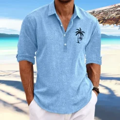 Men's Coconut Tree Tropical Plants Shirt Summer Hawaiian Shirt Aloha Shirt Long Sleeve Shirt Stand Collar Fashion Streetwear Designer Outdoor Street Casual Black Blue Khaki S M L