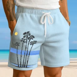 Men's Coconut Tree Tropical Plants Waffle Shorts Sweat Shorts Casual Shorts Mid Waist Fashion Casual Vacation Jogging Workout Elastic Drawstring Waist Shorts with Pockets Designer Clothing Apparel