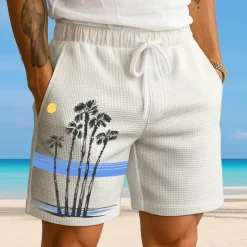 Men's Coconut Tree Tropical Plants Waffle Shorts Sweat Shorts Casual Shorts Mid Waist Fashion Casual Vacation Jogging Workout Elastic Drawstring Waist Shorts with Pockets Designer Clothing Apparel