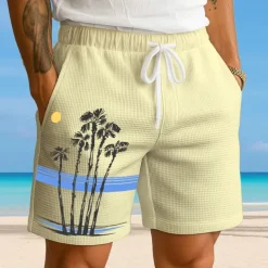 Men's Coconut Tree Tropical Plants Waffle Shorts Sweat Shorts Casual Shorts Mid Waist Fashion Casual Vacation Jogging Workout Elastic Drawstring Waist Shorts with Pockets Designer Clothing Apparel