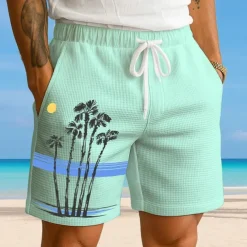 Men's Coconut Tree Tropical Plants Waffle Shorts Sweat Shorts Casual Shorts Mid Waist Fashion Casual Vacation Jogging Workout Elastic Drawstring Waist Shorts with Pockets Designer Clothing Apparel