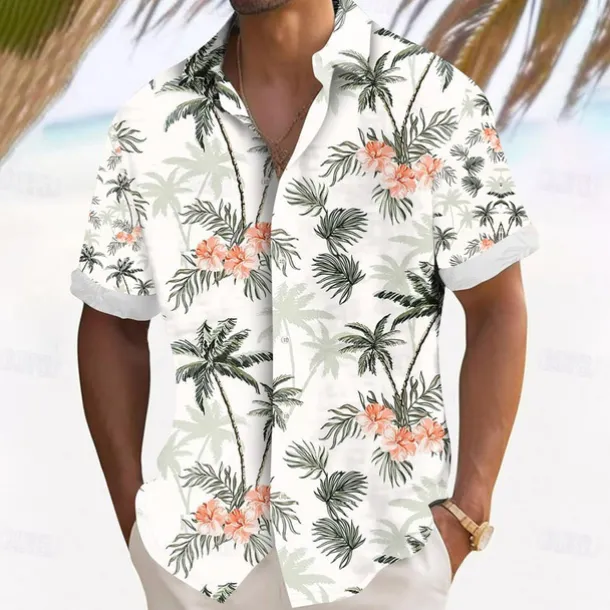 Men's Coconut Tree Tropical Flowers Shirt Summer Hawaiian Shirt Button Up Shirt Short Sleeve Hawaiian Resort Vacation Holiday Beach Wear Summer Spring Turndown 3D Print Collared Shirts White