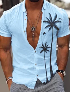 Men's Coconut Tree Tropical Plants Summer Hawaiian Shirt Aloha Shirt Short Sleeve Shirt Turndown Fashion Comfortable Vacation Casual Daily White Blue Khaki S M L