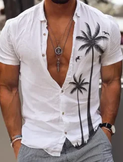 Men's Coconut Tree Tropical Plants Summer Hawaiian Shirt Aloha Shirt Short Sleeve Shirt Turndown Fashion Comfortable Vacation Casual Daily White Blue Khaki S M L