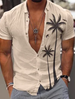 Men's Coconut Tree Tropical Plants Summer Hawaiian Shirt Aloha Shirt Short Sleeve Shirt Turndown Fashion Comfortable Vacation Casual Daily White Blue Khaki S M L