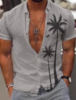 Men's Coconut Tree Tropical Plants Summer Hawaiian Shirt Aloha Shirt Short Sleeve Shirt Turndown Fashion Comfortable Vacation Casual Daily White Blue Khaki S M L