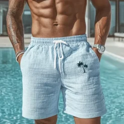 Men's Coconut Tree Tropical Plants Waffle Shorts Sweat Shorts Casual Shorts Mid Waist Fashion Casual Vacation Jogging Workout Elastic Drawstring Waist Shorts with Pockets Designer Clothing Apparel