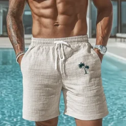 Men's Coconut Tree Tropical Plants Waffle Shorts Sweat Shorts Casual Shorts Mid Waist Fashion Casual Vacation Jogging Workout Elastic Drawstring Waist Shorts with Pockets Designer Clothing Apparel