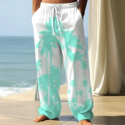 Men's Coconut Tree Tropical Plants Trousers Baggy Pants Casual Pants Mid Waist Hawaiian Vacation Holiday Beach Wear Elastic Waist Wide Leg Drawstring Summer Spring 3D Print Black Blue Green